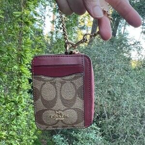 COACH Zip Card Case CC/ID Wallet Signature Canvas and Smooth Leather AUTHENTIC